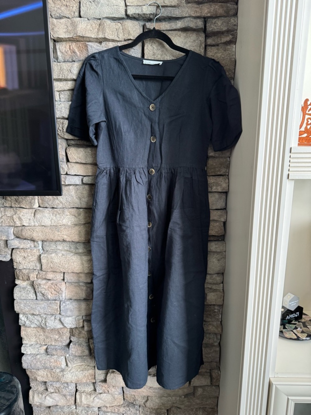 OAK + FORT Black Button-Front Midi Dress
